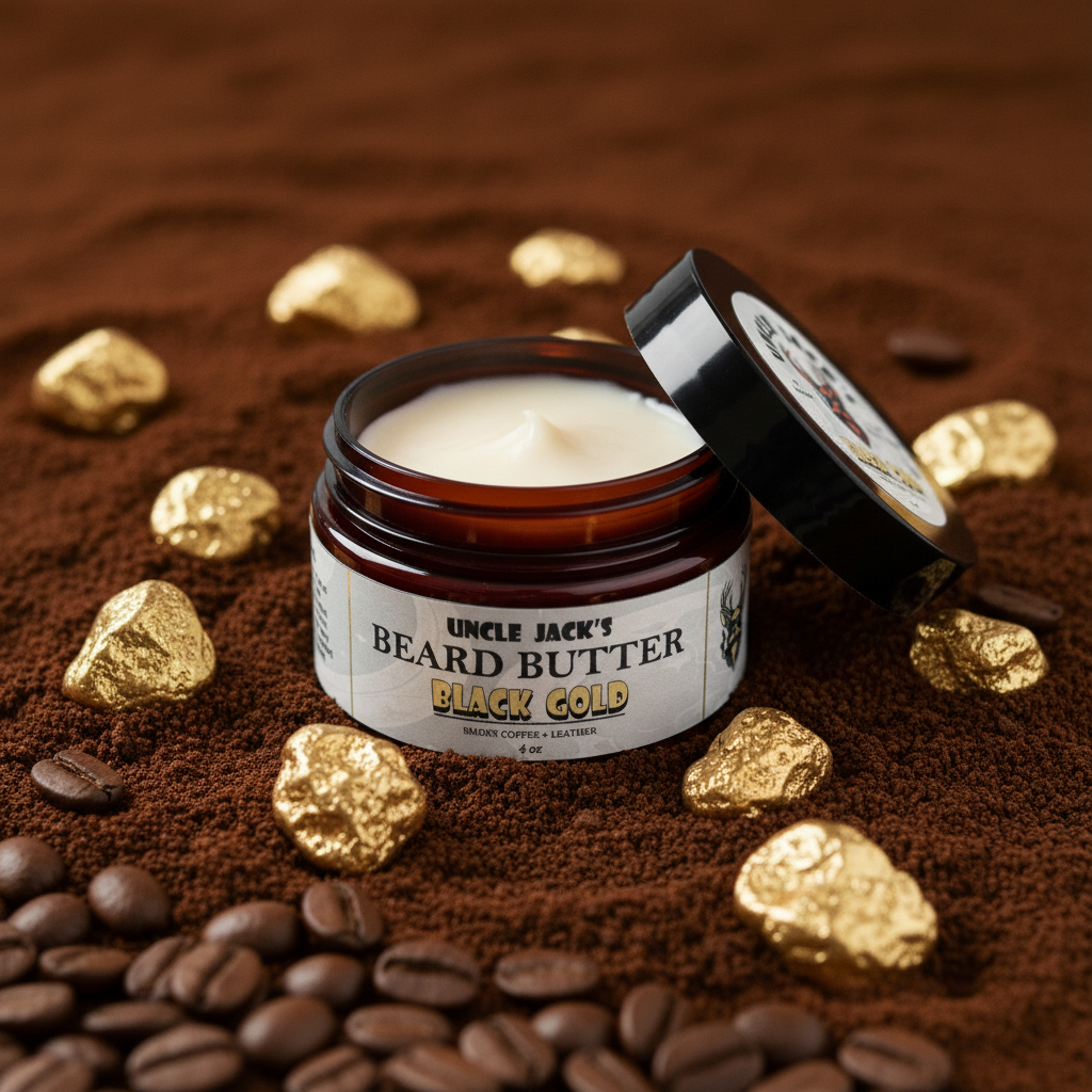 Black Gold Beard Butter by Uncle Jack's - Smoky Coffee, Leather, Warm spice