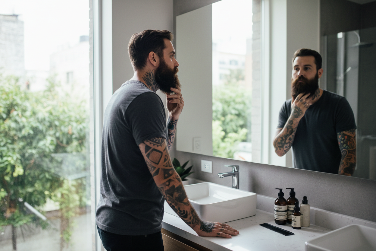 Bearded tattoo man trying to figure out what to do with his beard.