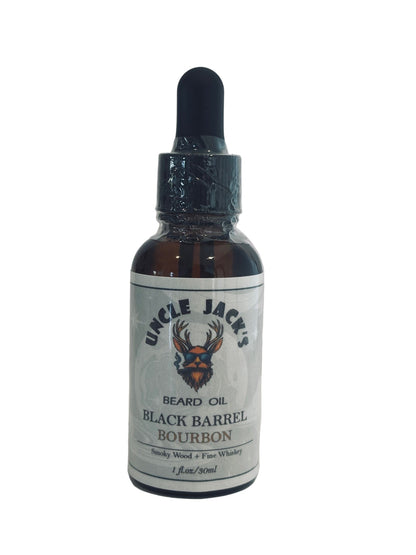 Black Barrel Bourbon Beard Oil by Uncle Jack's - Smoky wood + Fine Whiskey